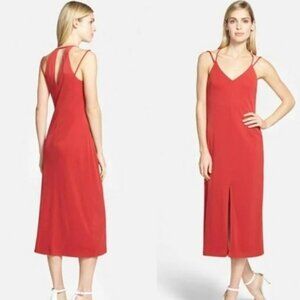Bailey 44 Biana Dress Red Sleeveless V-Neck Midi Straps & Back Slit USA NWD 8308